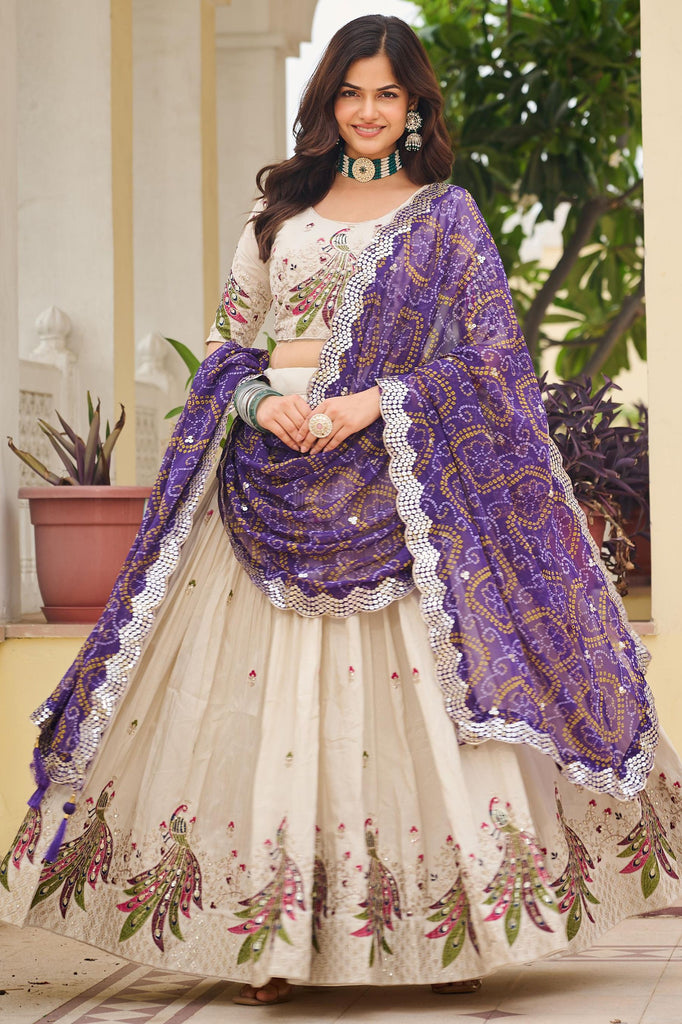 Stunning Ivory Thread Work Tissue Silk Wedding Lehenga Choli
