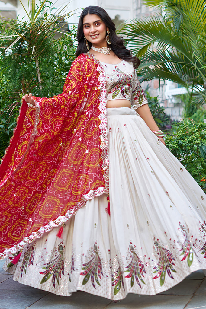 Ravishing Off-White Sequins Tissue Silk Wedding Wear Lehenga Choli