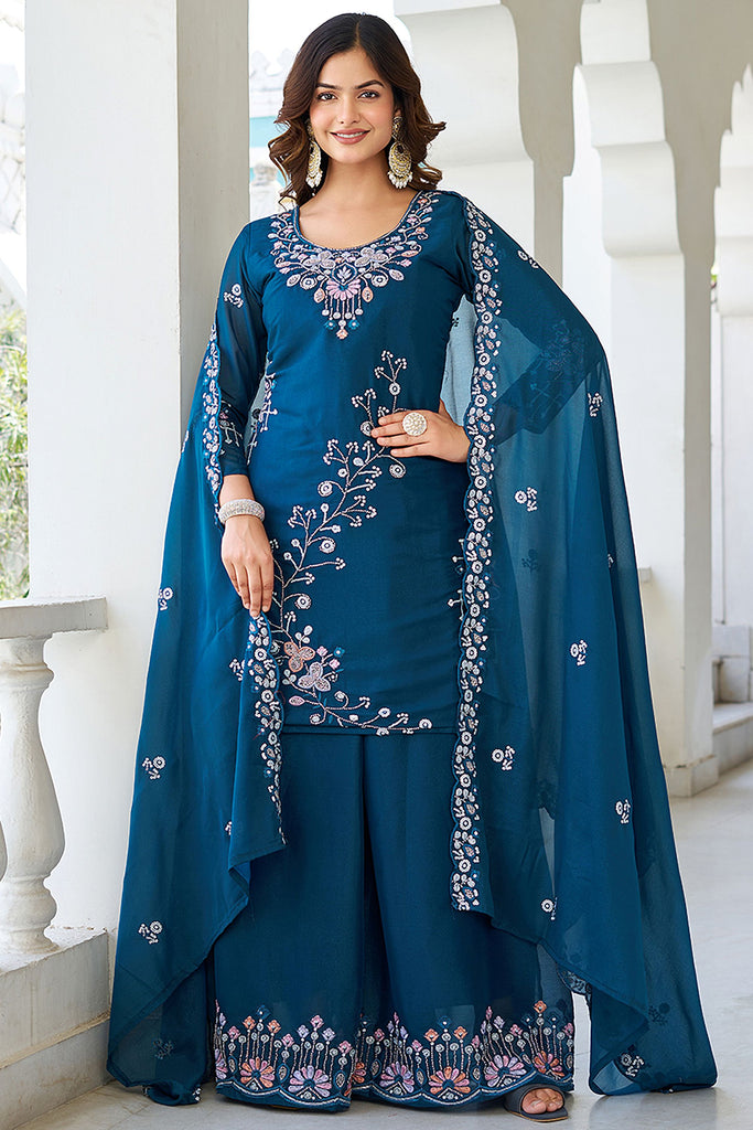 Mesmerizing Blue Sequins Georgette Festival Wear Palazzo Suit