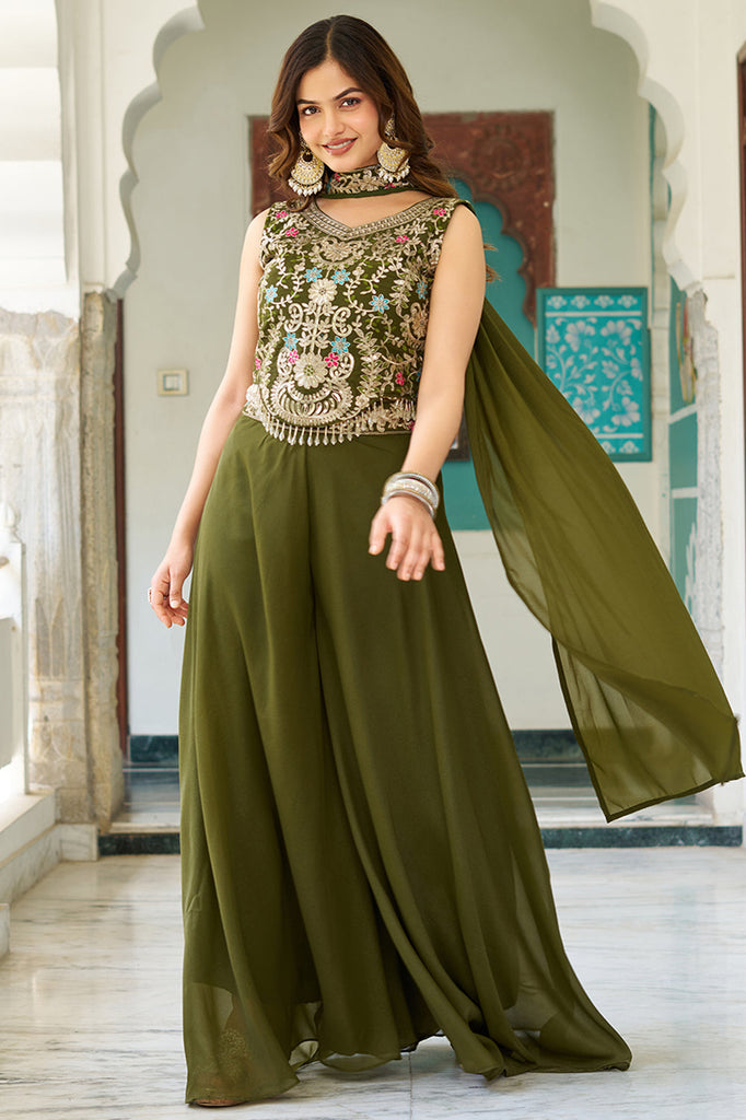 Awesome Olive Green Thread Work Georgette Designer Crop Top Palazzo