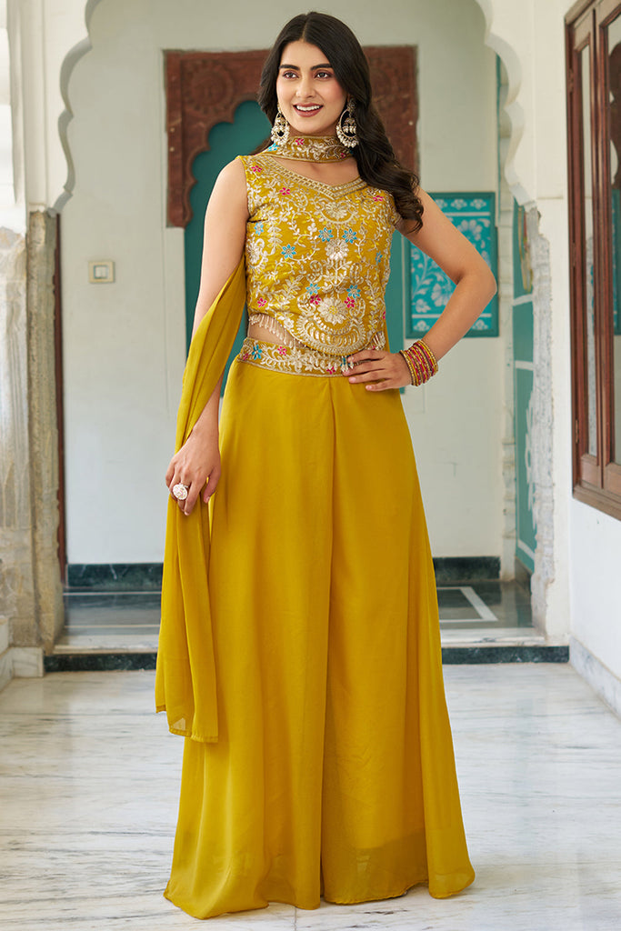 Lovely Yellow Embroidered Georgette Haldi Wear Crop Top Palazzo 