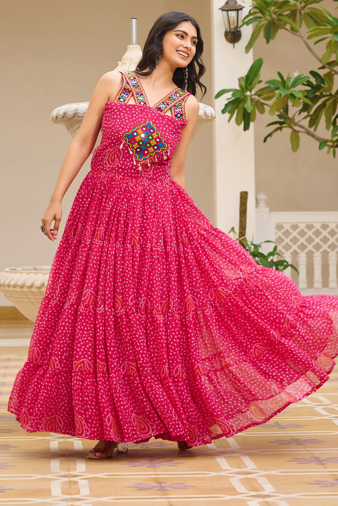 Delightful Pink Bandhani Printed Georgette Festival Wear Gown