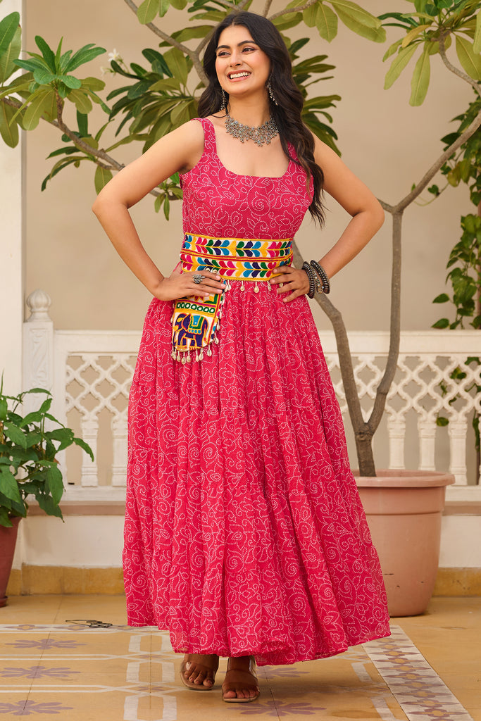 Fantastic Pink Bandhani Printed Georgette Navratri Special Gown