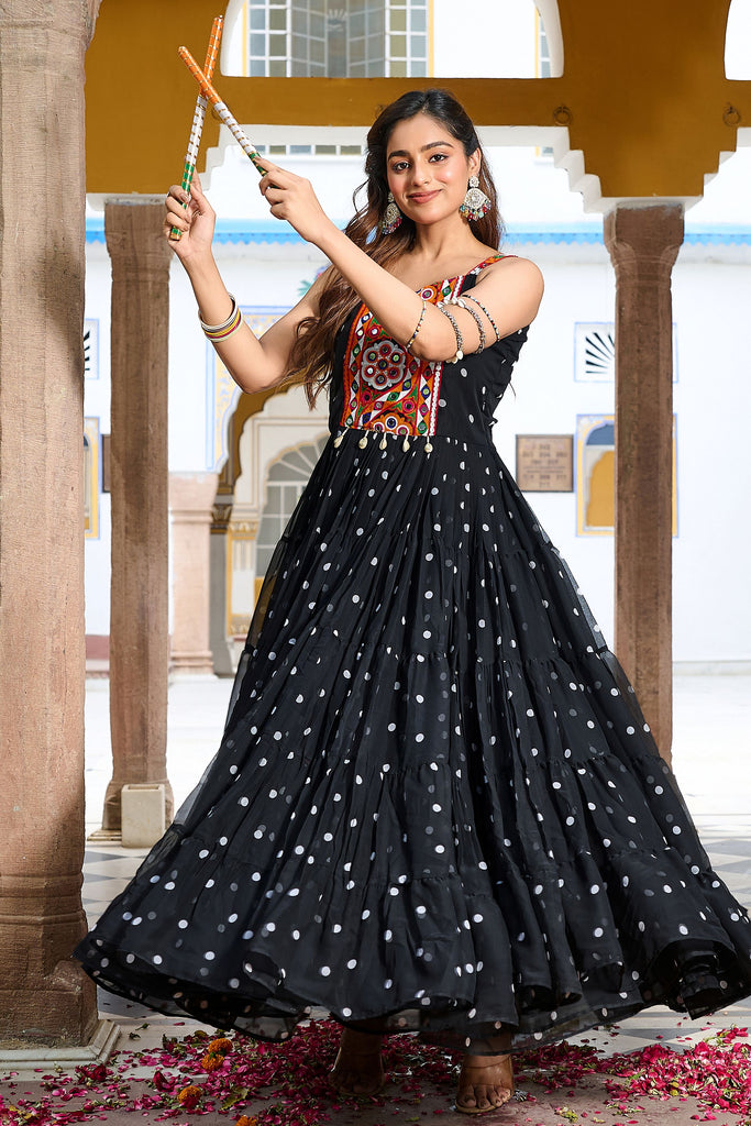 Attractive Black Georgette Gamthi Work Navratri Wear Gown