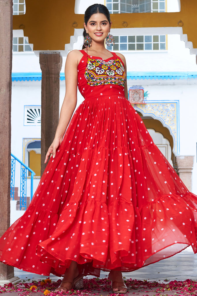 Captivating Red Printed Georgette Navratri Wear Gown