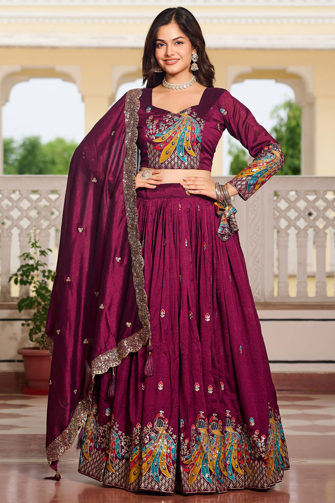 Alluring Wine Thread Embroidered Silk Wedding Wear Lehenga Choli