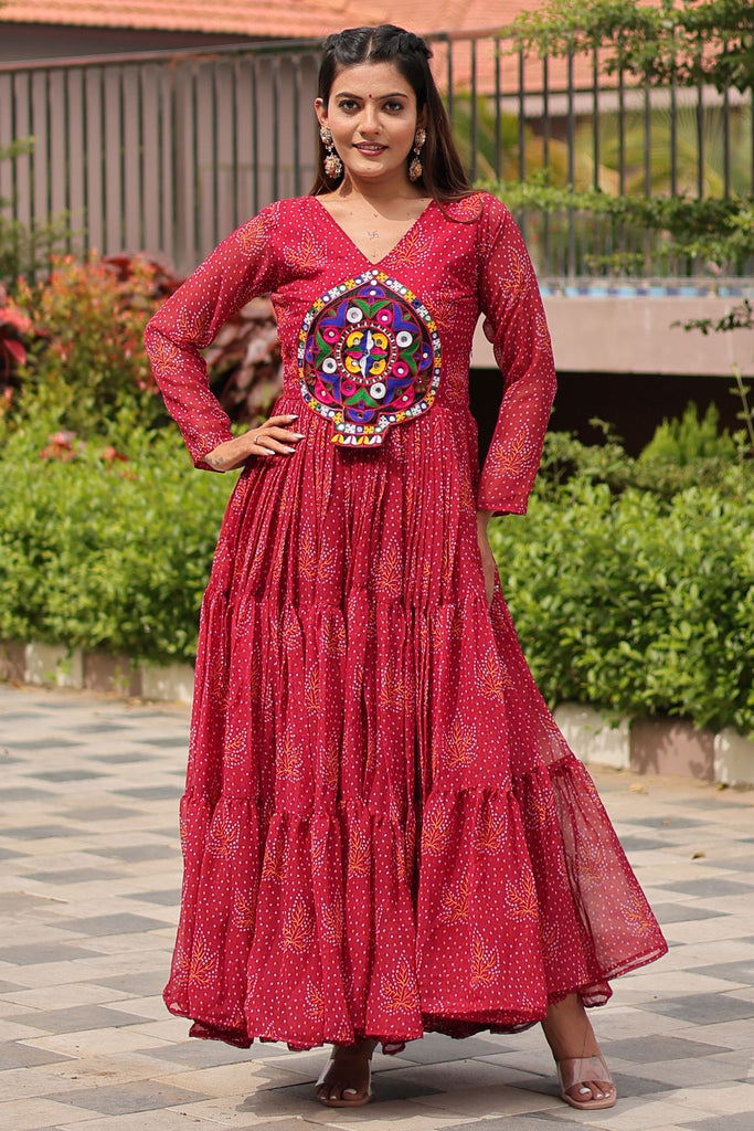 Astonishing Red Bandhani Printed Georgette Navratri Special Gown