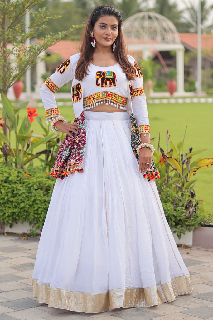 Elegant White Gamthi Work Cotton Crop Top Lehenga With Jacket