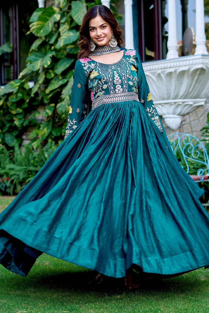 Fabulous Teal Blue Thread Work Silk Festival Wear Gown With Dupatta