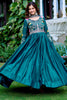 Fabulous Teal Blue Thread Work Silk Festival Wear Gown With Dupatta