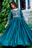 Fabulous Teal Blue Thread Work Silk Festival Wear Gown With Dupatta