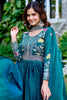 Fabulous Teal Blue Thread Work Silk Festival Wear Gown With Dupatta