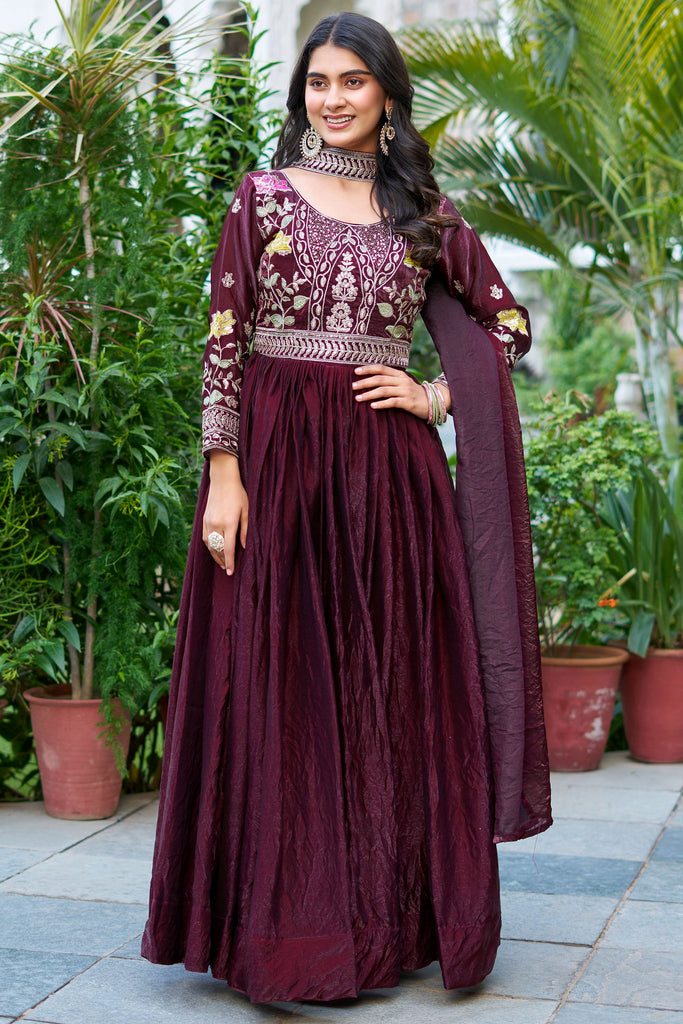 Astonishing Wine Sequins Silk Wedding Wear Gown With Dupatta
