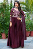 Astonishing Wine Sequins Silk Wedding Wear Gown With Dupatta