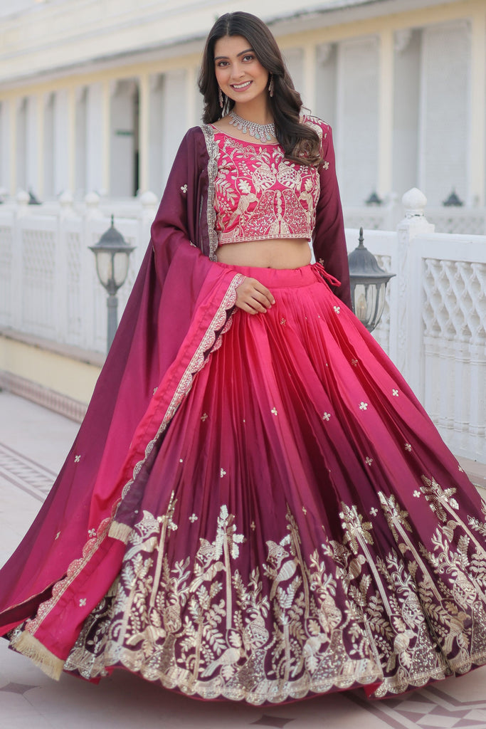 Awesome Pink Zari Embroidered Chinon Lehenga Choli With Dupatta