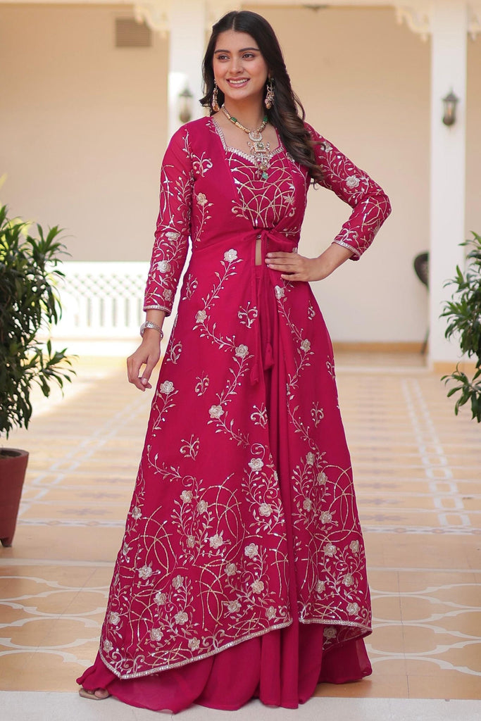 Bewitching Pink Sequins Georgette Crop Top Palazzo With Shrug
