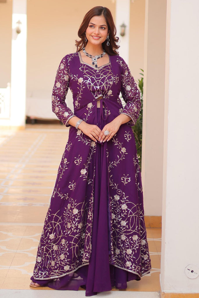 Adorable Purple Sequins Designer Crop Top Palazzo With Shrug