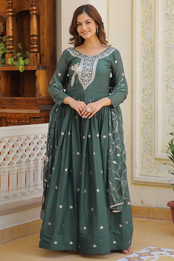 Delightful Green Sequins Georgette Event Wear Gown With Dupatta