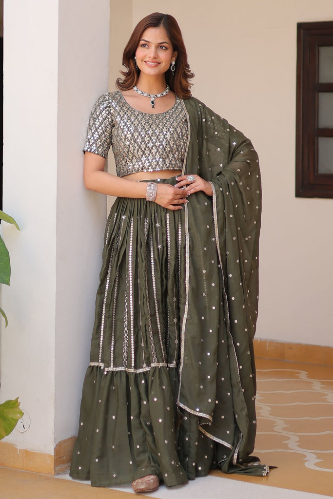 Stunning Olive Green Sequins Georgette Mehendi Wear Lehenga Choli