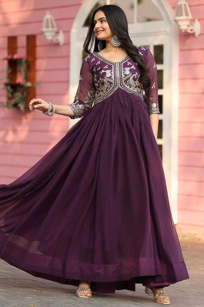 Fascinating Wine Sequins Georgette Festival Wear Gown