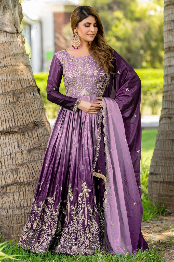 Impressive Purple Sequins Work Chinon Designer Gown With Net Dupatta