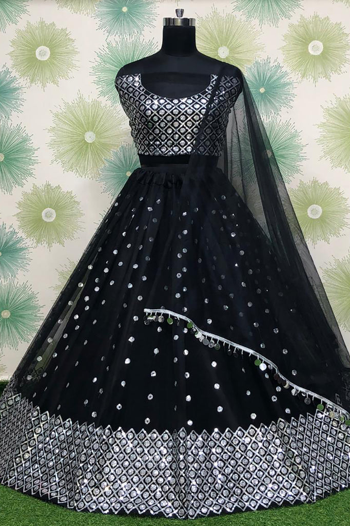 Impressive Black Sequins Net Reception Wear Lehenga Choli With Dupatta