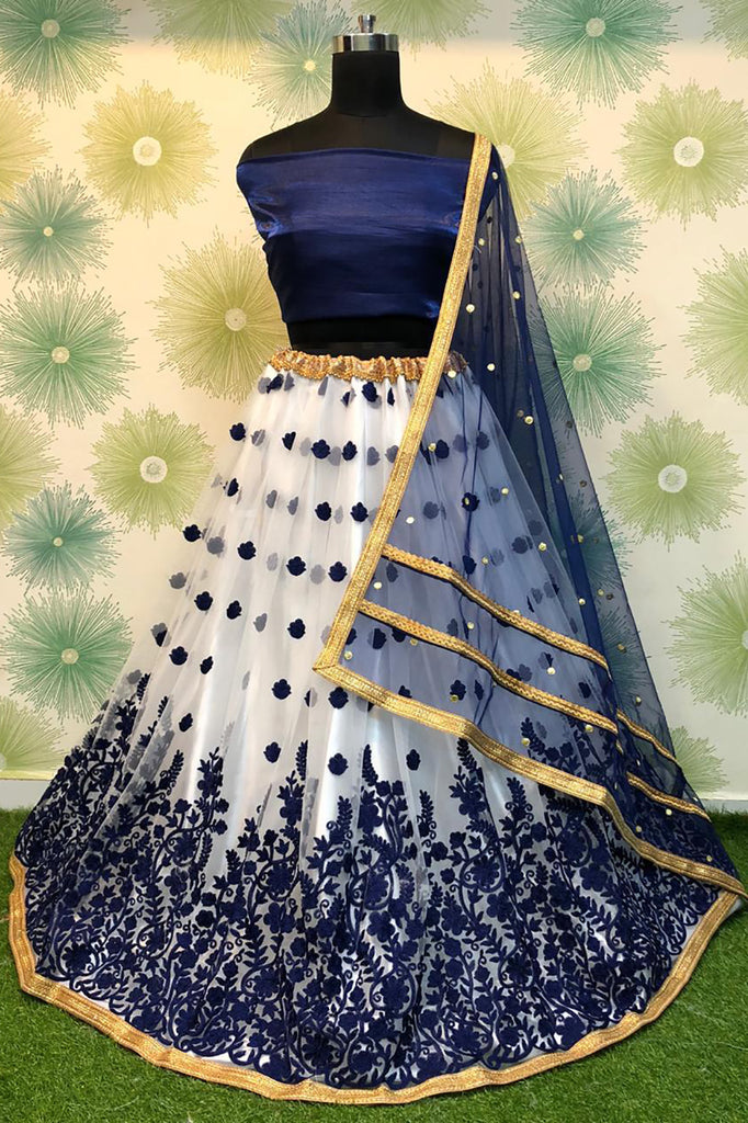 Alluring Navy Blue Net Thread Work Engagement Wear Lehenga Choli