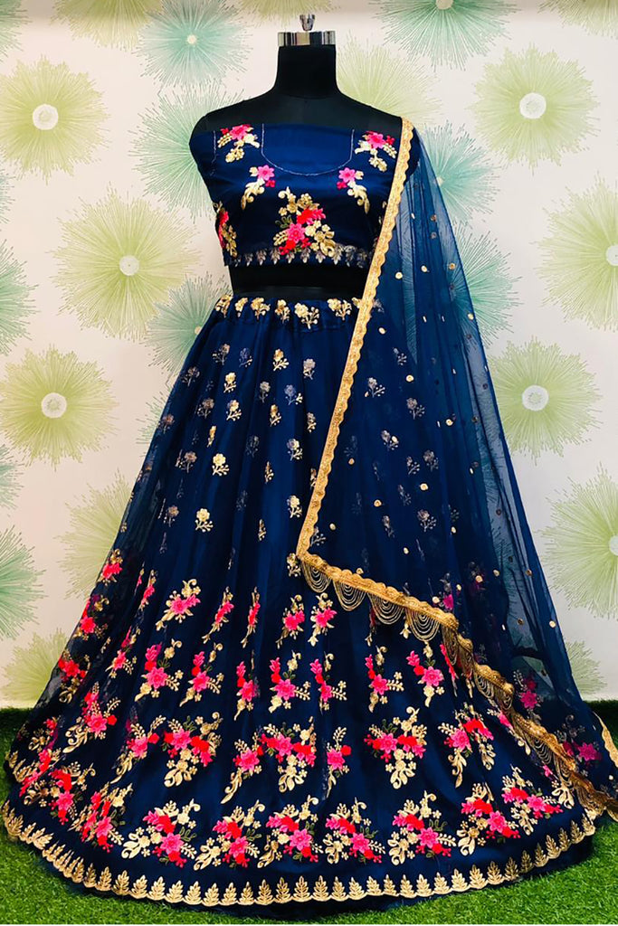 Pretty Navy Blue Zari Embroidered Net Lehenga Choli With Dupatta