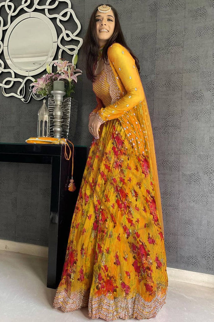 Lovely Yellow Printed Georgette Haldi Wear Lehenga Choli With Jacket