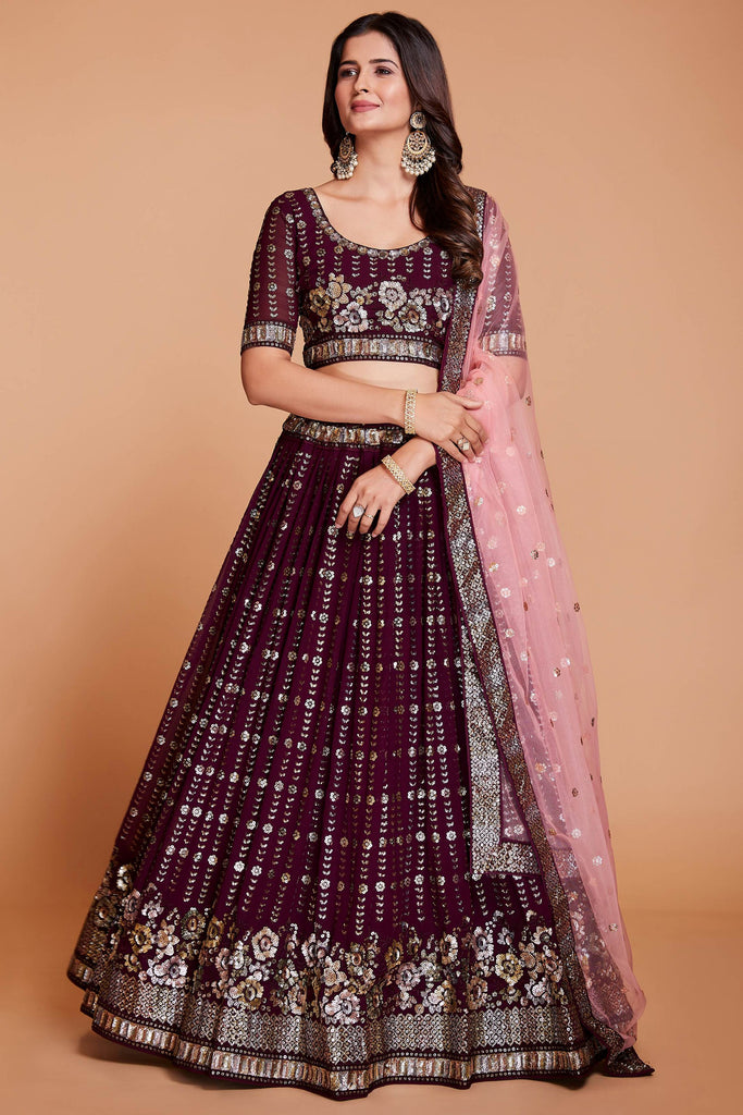 Captivating Purple Embroidered Georgette Lehenga Choli With Dupatta