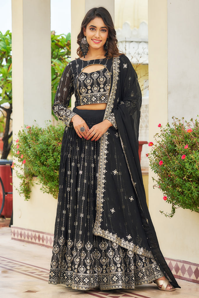 Charming Black Embroidered Georgette Reception Wear Lehenga Choli