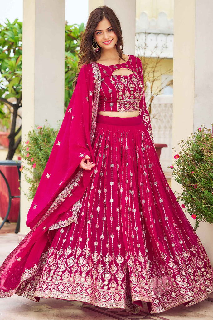 Beautiful Rani Pink Embroidered Georgette Wedding Wear Lehenga Choli