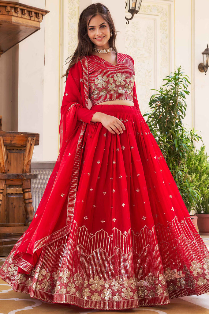 Amazing Red Embroidered Georgette Wedding Wear Lehenga Choli