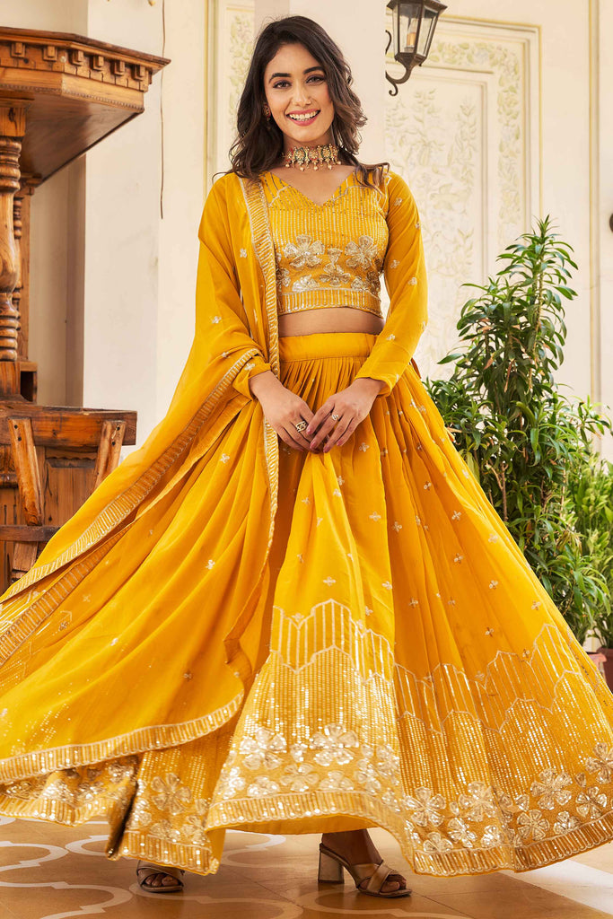 Beautiful Yellow Embroidered Georgette Haldi Wear Lehenga Choli