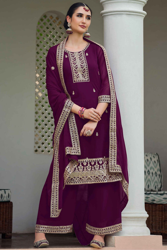 Glamorous Purple Embroidered Georgette Function Wear Palazzo Suit