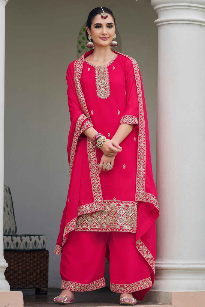 Ravishing Rani Pink Embroidered Georgette Festival Wear Palazzo Suit