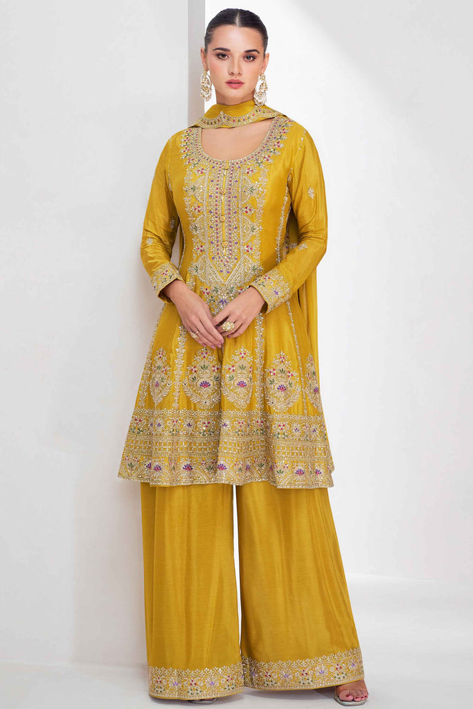 Alluring Mustard Color Embroidered Chinon Haldi Wear Palazzo Suit