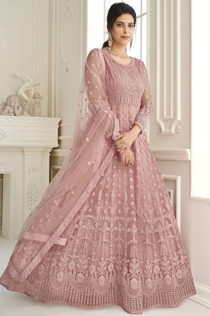Beautiful Baby Pink Embroidered Net Recaption Wear Gown