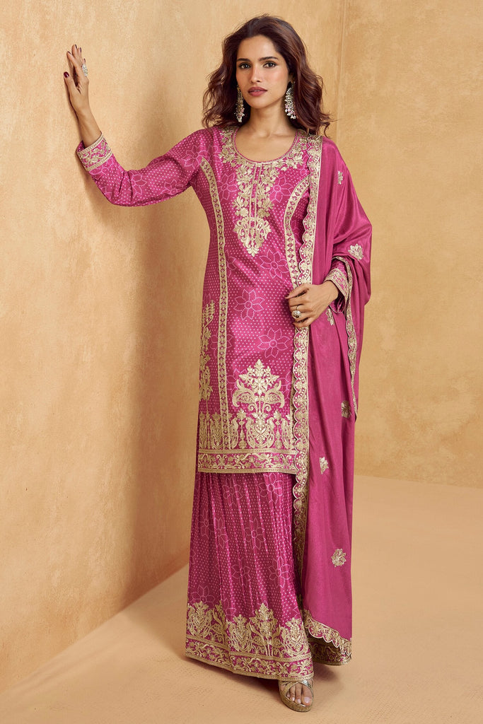 Alluring Pink Zari Embroidered Chinon Eid Special Palazzo Suit
