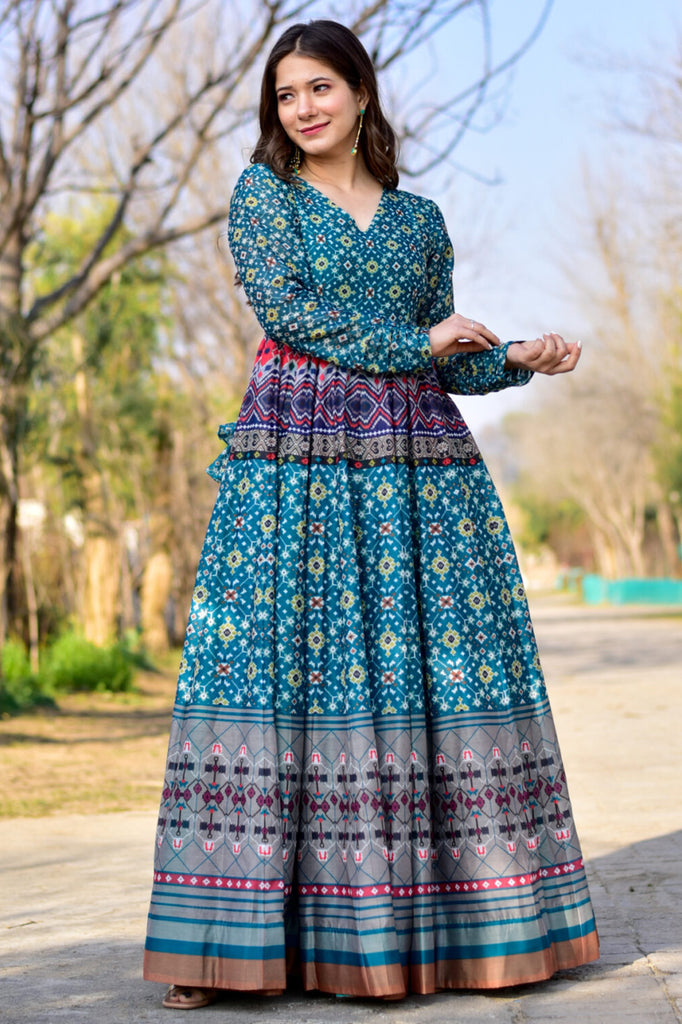 Mesmerizing Blue Digital Printed Chanderi Festival Wear Gown