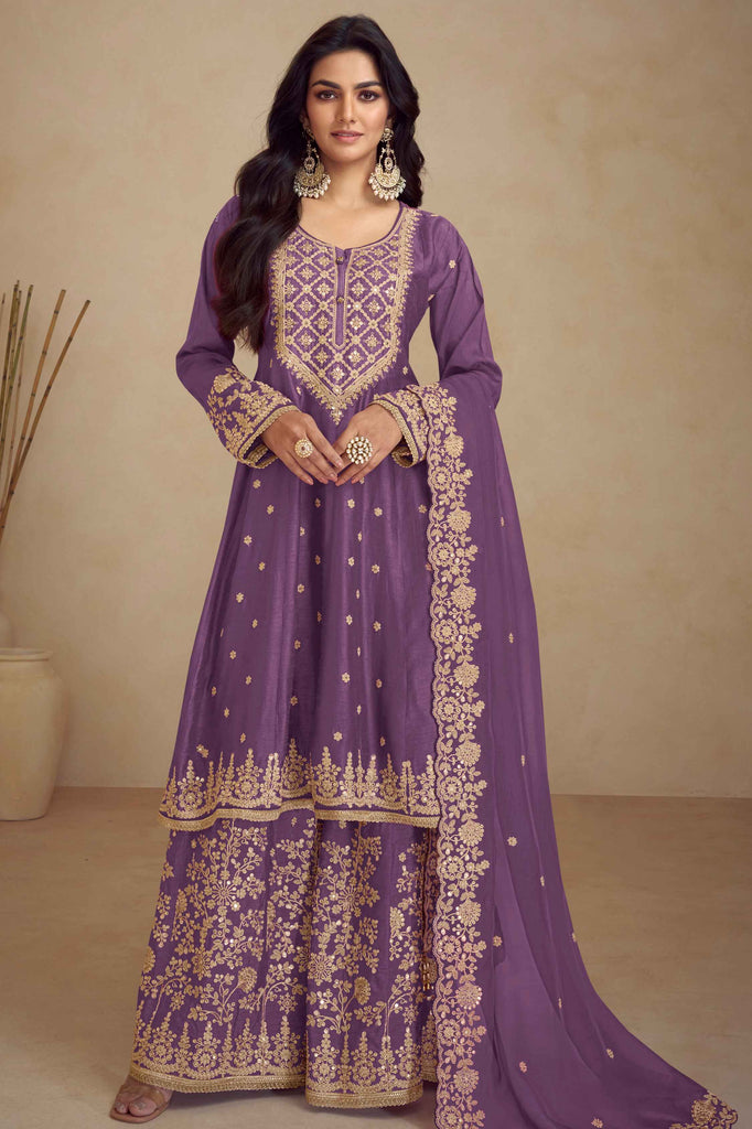 Alluring Purple Embroidered Chinon Function Wear Palazzo Suit