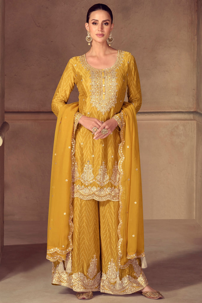 Adorable Yellow Bandhani Printed Chinon Palazzo Suit With Dupatta
