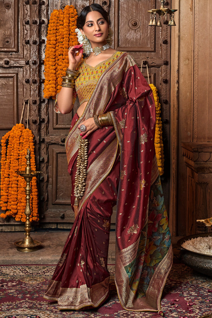 Marvelous Maroon Zari Weaving Silk Wedding Wear Saree With Blouse