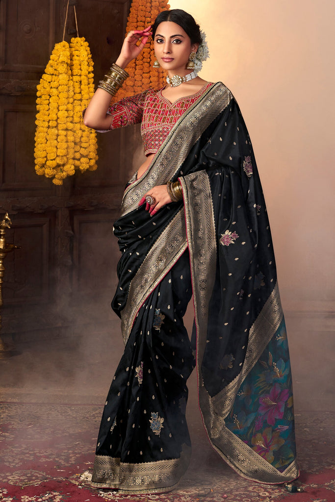 Beloved Black Zari Weaving Silk Festival Wear Saree With Blouse