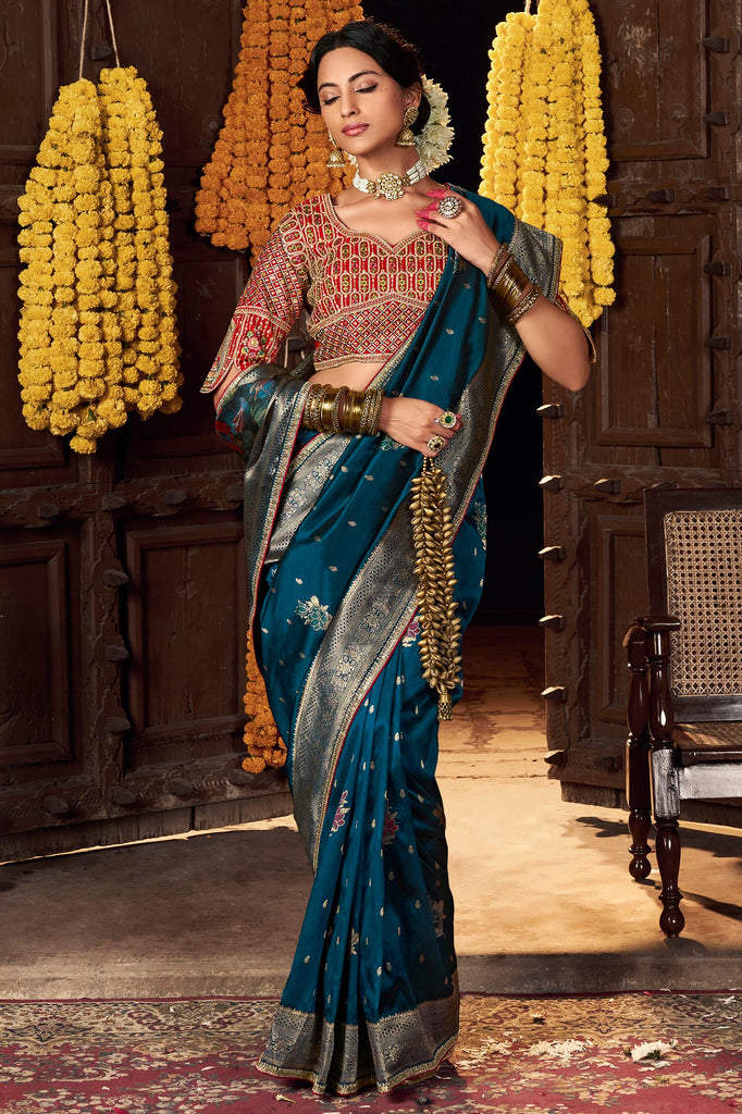 Winsome Teal Blue Zari Weaving Silk Festival Wear Saree With Blouse