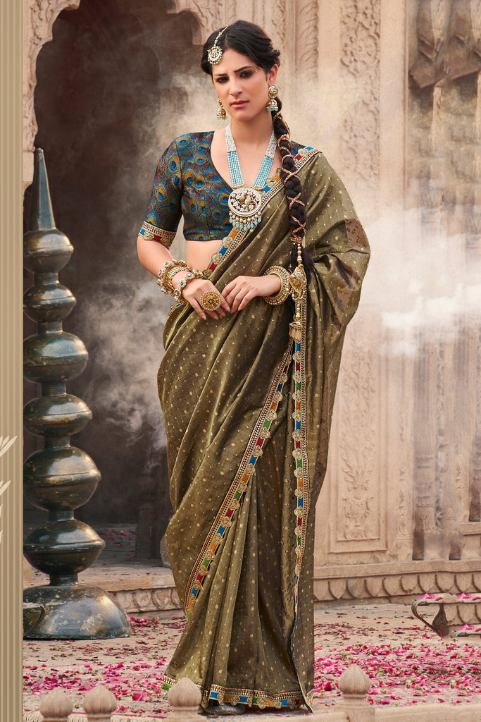 Dazzling Olive Green Lace Work Tissue Silk Festival Wear Saree