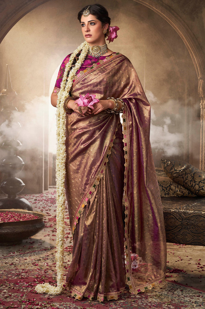 Wonderful Brown Lace Border Work Tissue Silk Event Wear Saree