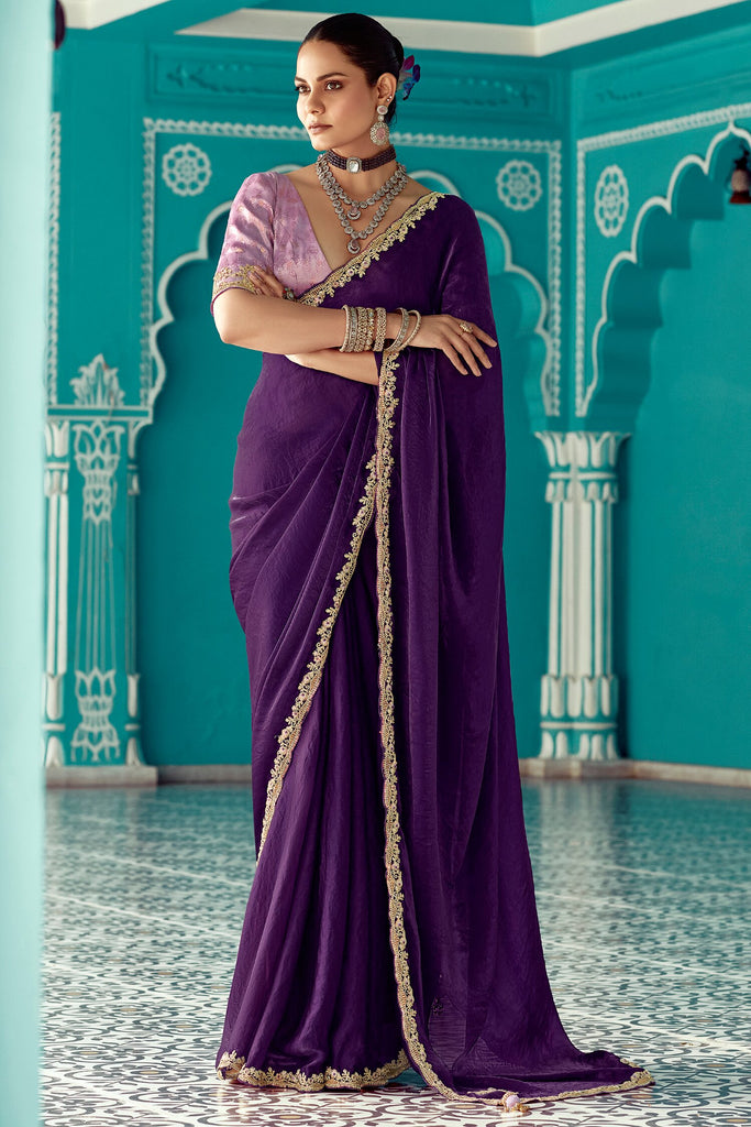 Wonderful Purple Heavy Border Work Tissue Silk Wedding Wear Saree