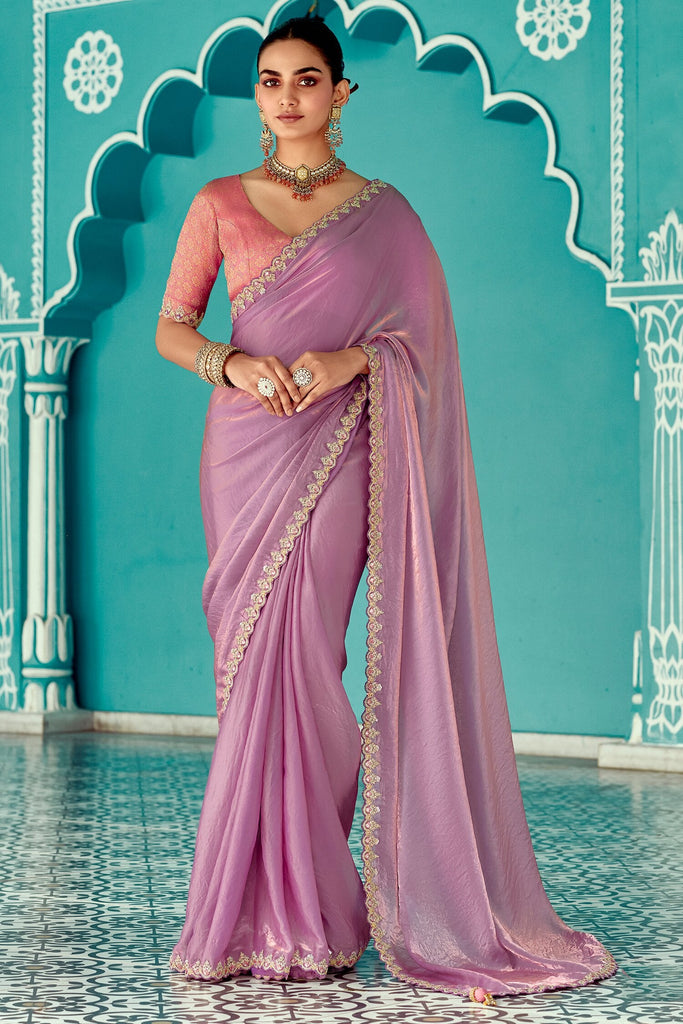 Amazing Lilac Tissue Silk Engagement Wear Saree With Blouse