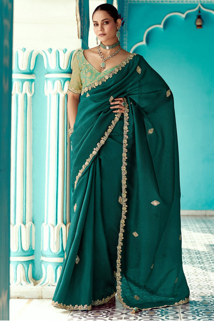 Adorable Green Embroidered Tissue Silk Mehendi Wear Saree